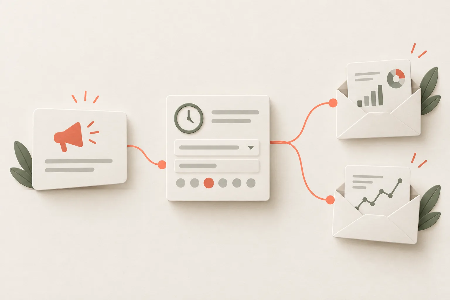 Illustrative sequence of an announcement, report scheduler, and two delivered emails