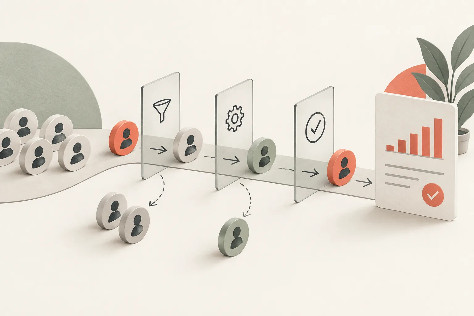 Account tokens pass through three funnel gates; some wait while others reach a checked report