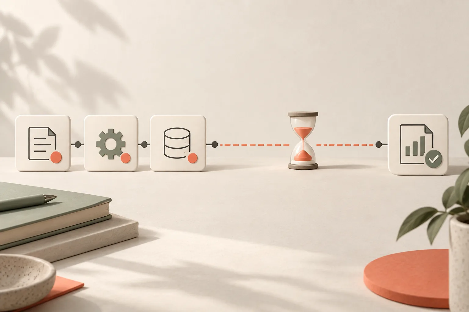 Cream process tiles lead to a completed report, with an hourglass marking the waiting gap